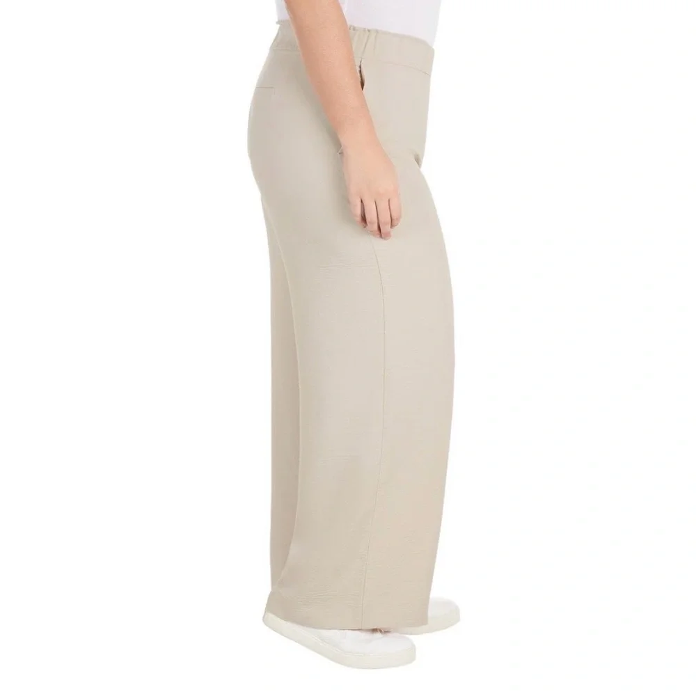 Hilary Radley Women's Wide Leg Crinkle Pants With Elasticwaistband ( Oatmeal, L)